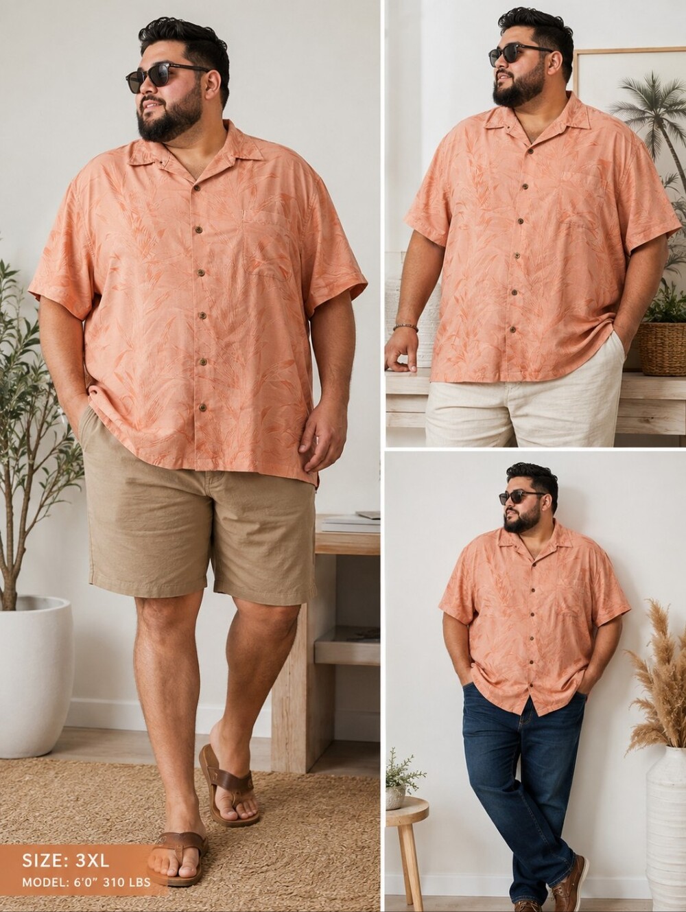 Caribbean Men's 3XL Peach Hawaiian Camp Shirt Button Front Tropical Casual Peach
